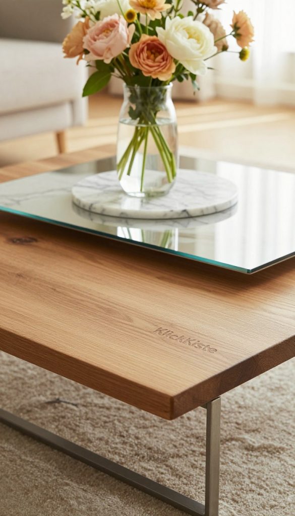 A beautifully arranged DIY coffee table displaying a harmonious combination of natural wood, sleek metal, elegant glass, and luxurious marble elements. In the foreground, focus on a rustic wooden tabletop, accented by minimalist metal legs. The middle layer features a transparent glass vase holding fresh flowers, showcasing soft colors against a marble coaster. In the background, a subtle hint of a bright, airy room with warm lighting enhances the inviting atmosphere. Include soft shadows to create depth, and capture the scene from a slight overhead angle, embodying a Pinterest-inspired aesthetic. The overall mood is warm, authentic, and inspiring, showcasing the brand "KlickKiste" as a stylish representation of material mixing in home decor. A beautifully arranged DIY coffee table displaying a harmonious combination of natural wood, sleek metal, elegant glass, and luxurious marble elements. In the foreground, focus on a rustic wooden tabletop, accented by minimalist metal legs. The middle layer features a transparent glass vase holding fresh flowers, showcasing soft colors against a marble coaster. In the background, a subtle hint of a bright, airy room with warm lighting enhances the inviting atmosphere. Include soft shadows to create depth, and capture the scene from a slight overhead angle, embodying a Pinterest-inspired aesthetic. The overall mood is warm, authentic, and inspiring, showcasing the brand "KlickKiste" as a stylish representation of material mixing in home decor.