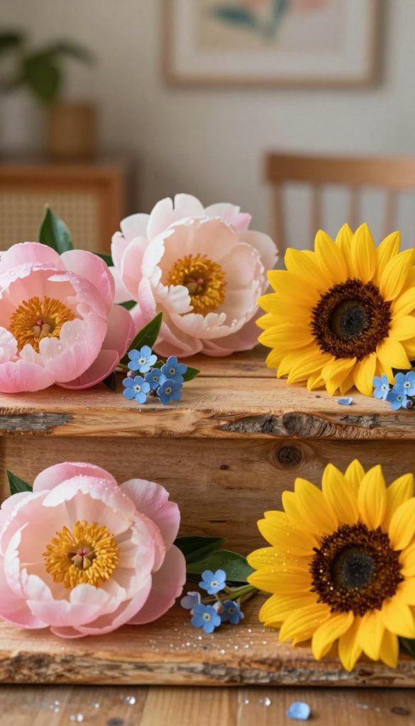 A beautifully arranged DIY floral background on a wooden board, showcasing a blend of vivid flowers such as soft pink peonies, bright yellow sunflowers, and delicate blue forget-me-nots. In the foreground, the floral elements have a lifelike quality with intricate details, dew drops glistening in warm, natural sunlight. The middle layer features a rustic wooden surface, slightly weathered, giving an authentic Pinterest-inspired aesthetic. In the background, a softly blurred interior scene reveals a cozy room with warm earthy tones, enhancing the inviting atmosphere. The lighting is soft and diffused, creating a serene mood that invites creativity. Perfectly styled for a DIY inspiration piece for "KlickKiste," this image radiates warmth and authenticity. A beautifully arranged DIY floral background on a wooden board, showcasing a blend of vivid flowers such as soft pink peonies, bright yellow sunflowers, and delicate blue forget-me-nots. In the foreground, the floral elements have a lifelike quality with intricate details, dew drops glistening in warm, natural sunlight. The middle layer features a rustic wooden surface, slightly weathered, giving an authentic Pinterest-inspired aesthetic. In the background, a softly blurred interior scene reveals a cozy room with warm earthy tones, enhancing the inviting atmosphere. The lighting is soft and diffused, creating a serene mood that invites creativity. Perfectly styled for a DIY inspiration piece for "KlickKiste," this image radiates warmth and authenticity.