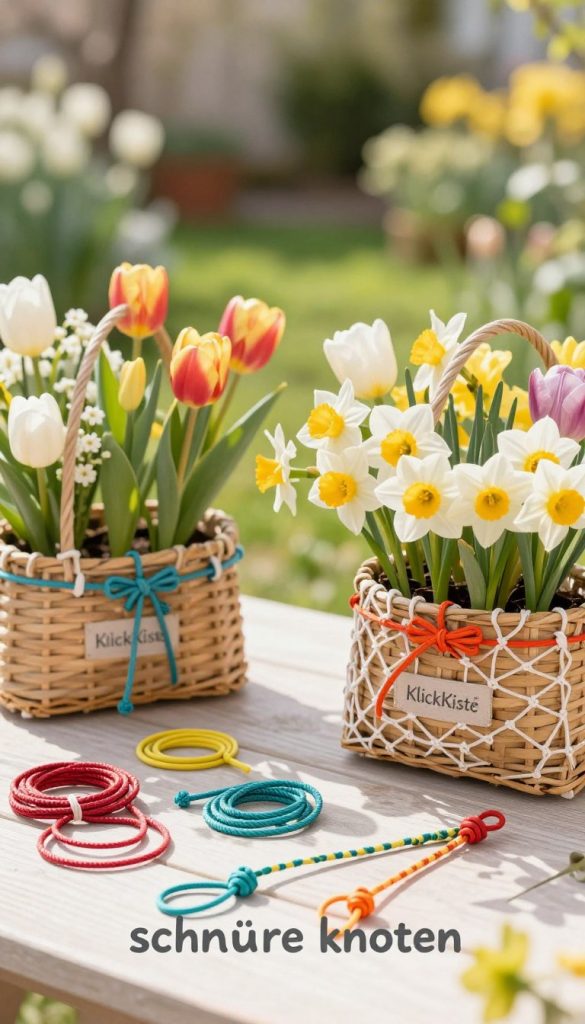 A beautifully arranged DIY scene depicting "schnüre knoten" techniques, featuring vibrant spring flower arrangements in hanging planters. In the foreground, intricately tied knots and loops created from colorful cords, showcasing various basic knots and netting techniques. The middle ground features half-finished flower baskets, brimming with blooming spring flowers like tulips and daffodils, delicately arranged and styled to inspire creativity. The background captures a sun-drenched garden setting with soft bokeh effects, enhancing the warm and inviting atmosphere. Natural lighting casts gentle shadows, bringing a cozy feel reminiscent of a Pinterest aesthetic. Incorporate a subtle branding element of "KlickKiste" within the scene, ensuring it blends seamlessly.