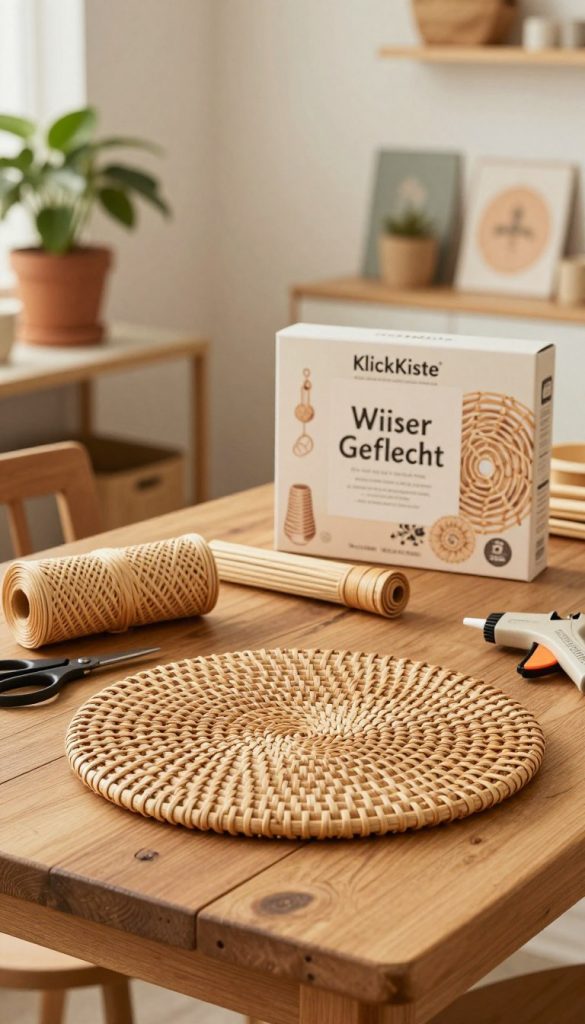 A beautifully arranged DIY setup featuring "Wiener Geflecht" rattan weaving techniques, displayed on a rustic wooden table. In the foreground, a partially woven rattan piece showcases intricate patterns, surrounded by natural crafting materials like rattan rolls, scissors, and a glue gun, adding a touch of creativity. The middle ground features a cozy, well-lit room with soft, warm lighting that emphasizes the textures of the rattan and surrounding decor, evoking a Pinterest-worthy aesthetic. In the background, a subtle view of potted plants and handmade crafts enhances the inspiring atmosphere. The overall mood is inviting and artistic, aligned with the brand "KlickKiste," creating an authentic DIY experience.