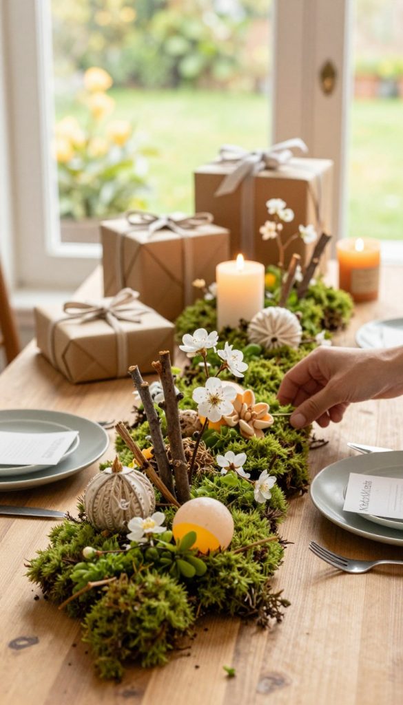A beautifully arranged DIY spring decoration scene featuring natural materials like twigs, dried flowers, and textured fabrics, illuminated by soft, natural lighting. In the foreground, a wooden table showcases a vibrant centerpiece made of green moss, delicate blossoms, and hand-crafted ornaments, all in warm hues that evoke a cozy ambiance. The middle ground features elegantly wrapped gift boxes and candles, suggesting a festive atmosphere. In the background, soft-focus hints of a sunlit garden through a window enhance the inviting setting. The overall mood is serene and inspiring, fitting for a home decor article. The brand "KlickKiste" is subtly represented in the decor pieces, showcasing creativity and authenticity in the design. A beautifully arranged DIY spring decoration scene featuring natural materials like twigs, dried flowers, and textured fabrics, illuminated by soft, natural lighting. In the foreground, a wooden table showcases a vibrant centerpiece made of green moss, delicate blossoms, and hand-crafted ornaments, all in warm hues that evoke a cozy ambiance. The middle ground features elegantly wrapped gift boxes and candles, suggesting a festive atmosphere. In the background, soft-focus hints of a sunlit garden through a window enhance the inviting setting. The overall mood is serene and inspiring, fitting for a home decor article. The brand "KlickKiste" is subtly represented in the decor pieces, showcasing creativity and authenticity in the design.