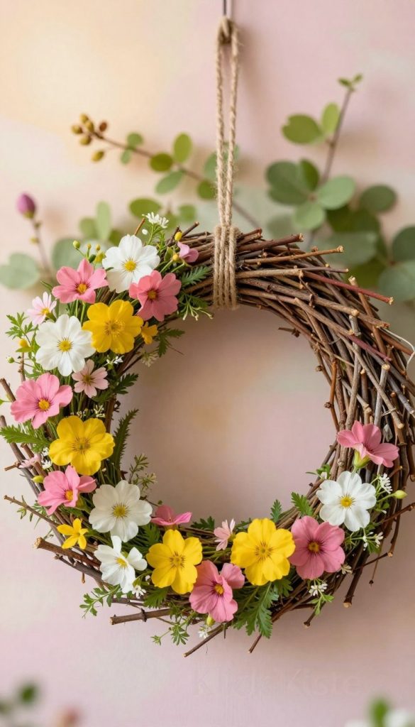 A beautifully arranged DIY spring wreath made from natural twigs, vibrant wildflowers in shades of pink, yellow, and white, and rustic twine. The wreath should be depicted prominently in the foreground, showcasing its intricate details and organic textures. In the middle ground, soft-focus greenery and subtle hints of blooming buds create a lively backdrop, evoking a sense of springtime freshness. The background features a softly blurred pastel-colored wall, enhancing the warm, inviting atmosphere. The lighting is soft and natural, with gentle sunlight casting a warm glow, making the colors of the flowers pop. The overall mood is cheerful and inspiring, aligned with a Pinterest aesthetic, perfect for DIY enthusiasts. Include the brand name "KlickKiste" subtly integrated into the design.