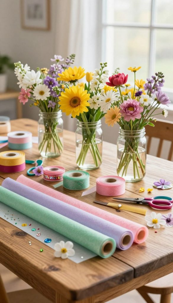 A beautifully arranged DIY table decoration emphasizing various materials to facilitate crafting. In the foreground, a rustic wooden table featuring colorful rolls of crepe paper, glittering sequins, and delicate floral accents. In the middle ground, three elegant glass jars filled with fresh spring flowers and an assortment of crafting tools like scissors and ribbons subtly arranged. The background showcases a light, airy setting with soft natural light streaming through a window, illuminating the scene with a warm glow. This composition reflects a Pinterest-inspired aesthetic, inviting and inspiring for creative celebrations. Include the brand name “KlickKiste” subtly blended into the arrangement, enhancing the overall ambiance. The mood is cheerful and vibrant, perfect for showcasing springtime DIY ideas. A beautifully arranged DIY table decoration emphasizing various materials to facilitate crafting. In the foreground, a rustic wooden table featuring colorful rolls of crepe paper, glittering sequins, and delicate floral accents. In the middle ground, three elegant glass jars filled with fresh spring flowers and an assortment of crafting tools like scissors and ribbons subtly arranged. The background showcases a light, airy setting with soft natural light streaming through a window, illuminating the scene with a warm glow. This composition reflects a Pinterest-inspired aesthetic, inviting and inspiring for creative celebrations. Include the brand name “KlickKiste” subtly blended into the arrangement, enhancing the overall ambiance. The mood is cheerful and vibrant, perfect for showcasing springtime DIY ideas.