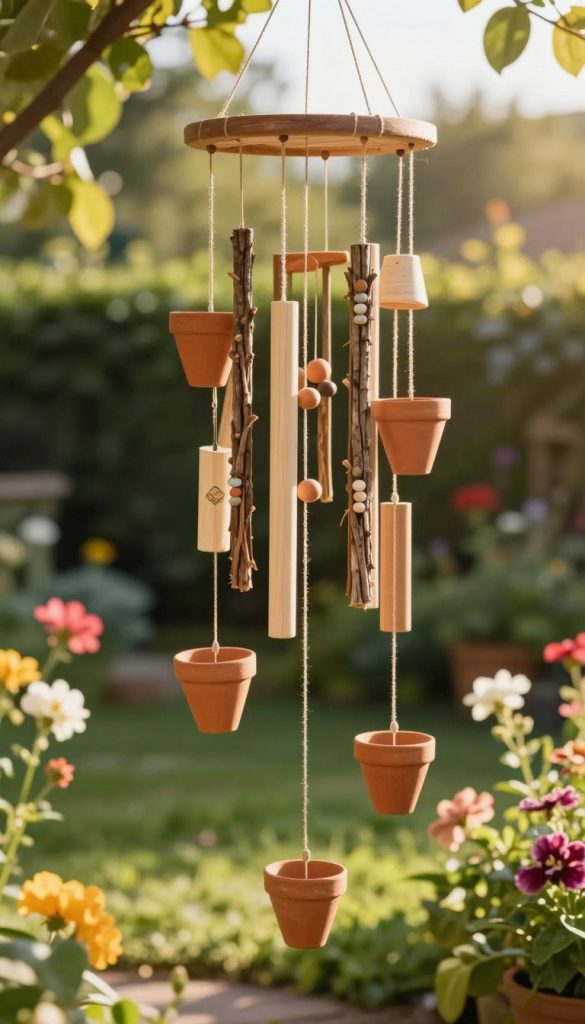 A beautifully arranged DIY wind chime crafted from terracotta pots, hanging elegantly in a sunlit garden. In the foreground, several terra-cotta pots, painted in warm, earthy tones, are suspended from delicate, rustic strings. The middle layer showcases a variety of natural materials like twigs and beads incorporated into the wind chime design, capturing the playful sunlight. The background features a lush garden filled with green foliage and blooming flowers that add a touch of vibrancy and life. The atmosphere is serene and inspiring, bathed in golden hour light, enhancing the warm colors with soft shadows. The image embodies a cozy, Pinterest-inspired aesthetic, evoking creativity and the joy of upcycling. This artistic representation is branded for "KlickKiste".