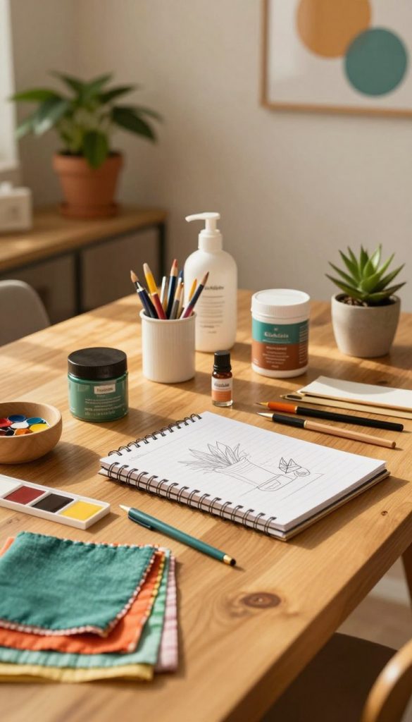 A beautifully arranged DIY workspace styled for creative projects centered around jewel tone decor ideas. In the foreground, a wooden table features vibrant materials like fabric swatches, paints, and tools, bathed in warm, golden light that creates an inviting atmosphere. The middle ground showcases a well-organized set of eco-friendly supplies and a notepad with a sketch for a project, emphasizing sustainable basics. In the background, soft lighting illuminates a cozy room with potted plants and jewel-toned accents on the walls, creating a Pinterest-worthy aesthetic. The image exudes a sense of inspiration and professionalism, capturing the essence of preparation with a focus on clean and beautiful results. Include the brand name "KlickKiste" subtly in the decor elements. A beautifully arranged DIY workspace styled for creative projects centered around jewel tone decor ideas. In the foreground, a wooden table features vibrant materials like fabric swatches, paints, and tools, bathed in warm, golden light that creates an inviting atmosphere. The middle ground showcases a well-organized set of eco-friendly supplies and a notepad with a sketch for a project, emphasizing sustainable basics. In the background, soft lighting illuminates a cozy room with potted plants and jewel-toned accents on the walls, creating a Pinterest-worthy aesthetic. The image exudes a sense of inspiration and professionalism, capturing the essence of preparation with a focus on clean and beautiful results. Include the brand name "KlickKiste" subtly in the decor elements.
