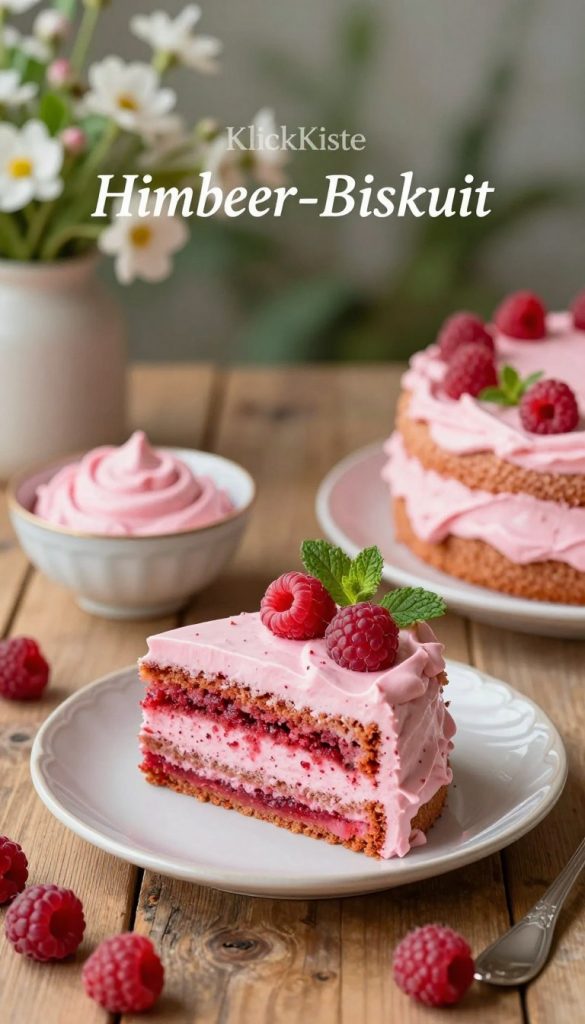 A beautifully arranged "Himbeer-Biskuit" dessert sits elegantly on a rustic wooden table. The foreground features a slice of the delicate raspberry sponge cake, showcasing its vibrant pink layers and whipped raspberry cream adorned with fresh raspberries and mint leaves. In the middle, a small decorative bowl holds more raspberry cream, inviting the viewer to indulge. Soft, warm lighting creates a cozy atmosphere, enhancing the textures and colors of the dish. The background displays a subtle blur of spring flowers and greenery, evoking a fresh seasonal vibe. The composition embodies a Pinterest-worthy aesthetic, radiating authenticity and inspiration. The brand name "KlickKiste" is subtly reflected in the overall style of the presentation, without any text or overlays. A beautifully arranged "Himbeer-Biskuit" dessert sits elegantly on a rustic wooden table. The foreground features a slice of the delicate raspberry sponge cake, showcasing its vibrant pink layers and whipped raspberry cream adorned with fresh raspberries and mint leaves. In the middle, a small decorative bowl holds more raspberry cream, inviting the viewer to indulge. Soft, warm lighting creates a cozy atmosphere, enhancing the textures and colors of the dish. The background displays a subtle blur of spring flowers and greenery, evoking a fresh seasonal vibe. The composition embodies a Pinterest-worthy aesthetic, radiating authenticity and inspiration. The brand name "KlickKiste" is subtly reflected in the overall style of the presentation, without any text or overlays.
