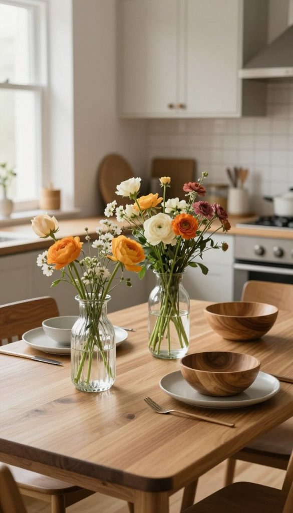 A beautifully arranged Scandinavian dining table set in a cozy kitchen setting, showcasing elegant glass vases filled with fresh flowers in warm, inviting colors. In the foreground, focus on intricately designed vases resting on a natural wood table, enhancing the rustic charm. The middle ground features an assortment of stylish kitchenware, like wooden bowls and minimalist tableware, all bathed in soft, diffused natural light coming through a nearby window. In the background, the kitchen reflects a minimalist Scandinavian aesthetic, with light cabinetry and subtle decor. The atmosphere is warm and inviting, creating a perfect balance between functionality and coziness. Inspired by modern DIY ideas from KlickKiste, the scene captures a genuine Pinterest aesthetic that harmonizes elegance and comfort.