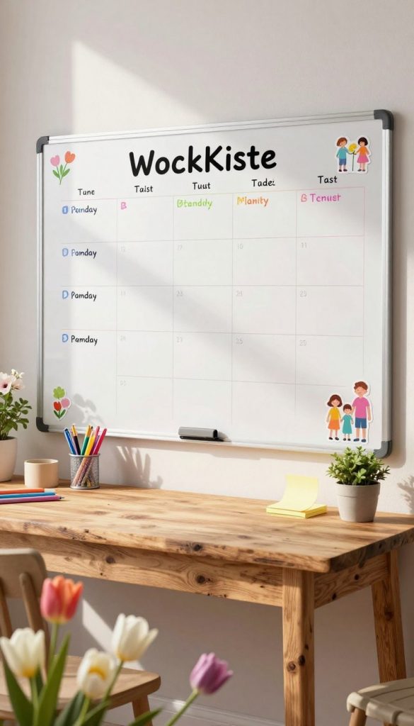 A beautifully arranged Wochenplaner-Whiteboard, designed with a natural DIY aesthetic, showcasing warm pastel colors and a Pinterest-worthy look. The whiteboard is filled with neatly organized weekly tasks and schedules written in different colored markers. In the foreground, there are vibrant spring flowers and some family-friendly stickers adorning the board, enhancing the cheerful atmosphere. The middle features a rustic wooden table with stationery supplies like pens, sticky notes, and a small potted plant, emphasizing the practical aspect of family planning. In the background, soft natural light filters through a window, casting gentle shadows and creating a warm, inviting mood. The name "KlickKiste" is elegantly incorporated into the scene, embodying a sense of creativity and organization for families seeking structure in their springtime routines.
