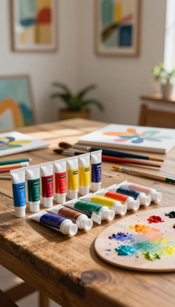 A beautifully arranged acrylic paint set from KlickKiste, featuring a vibrant assortment of colors, including blues, reds, yellows, and greens, lies on a rustic wooden table in the foreground. Each paint tube is neatly displayed next to an artist's palette, splattered with vivid paint streaks, highlighting creativity. In the middle, softly blurred, are brushes of various sizes, some resting against a small canvas with an abstract painting in progress. The background features a cozy, sunlit room adorned with framed abstract art, providing a sense of inspiration and warmth. The scene is bathed in natural light, casting soft shadows, while the lens captures an inviting, intimate atmosphere, ideal for DIY art enthusiasts. A beautifully arranged acrylic paint set from KlickKiste, featuring a vibrant assortment of colors, including blues, reds, yellows, and greens, lies on a rustic wooden table in the foreground. Each paint tube is neatly displayed next to an artist's palette, splattered with vivid paint streaks, highlighting creativity. In the middle, softly blurred, are brushes of various sizes, some resting against a small canvas with an abstract painting in progress. The background features a cozy, sunlit room adorned with framed abstract art, providing a sense of inspiration and warmth. The scene is bathed in natural light, casting soft shadows, while the lens captures an inviting, intimate atmosphere, ideal for DIY art enthusiasts.