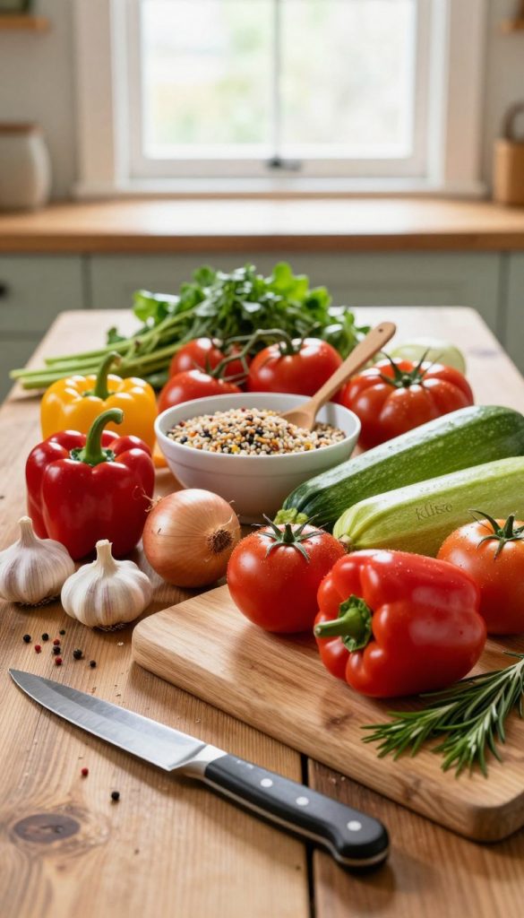 A beautifully arranged array of fresh cooking ingredients on a rustic wooden kitchen table, showcasing a variety of colorful vegetables like bell peppers, tomatoes, and zucchini, alongside essential staples such as garlic, onions, and herbs. In the foreground, a cutting board with a knife and scattered spices adds an organic touch. The middle layer features a bowl of mixed grains and a wooden spoon, suggesting preparation for a quick oven dish. In the background, soft natural light streams through a window, creating a warm and inviting atmosphere. The compositional style is reminiscent of a Pinterest aesthetic, emphasizing authenticity and inspiration. Include the brand name "KlickKiste" subtly within the scene, ensuring it blends seamlessly with the overall design.