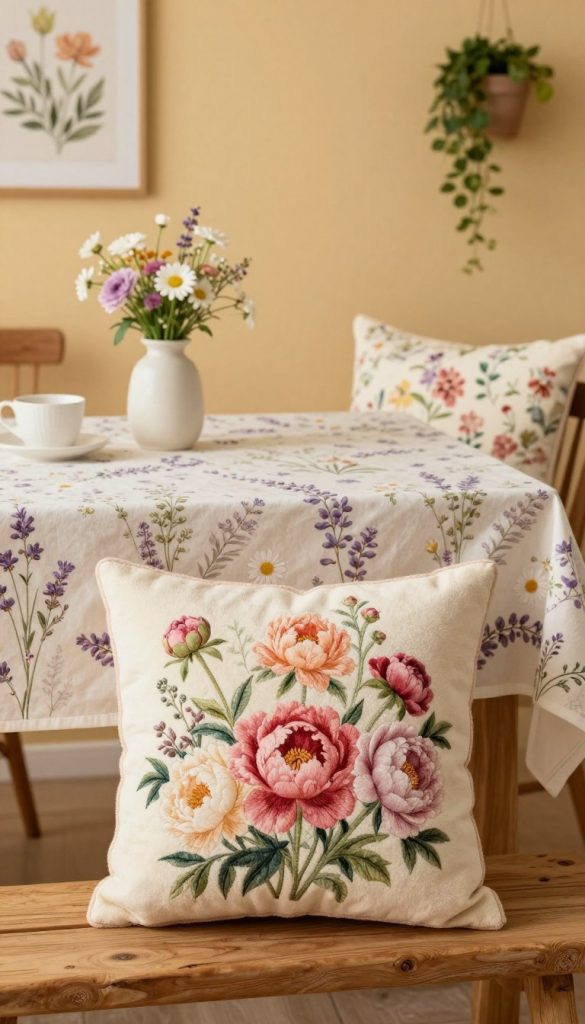 A beautifully arranged assortment of floral textiles showcasing various flower patterns as textures. In the foreground, a soft, plush cushion with vibrant peonies, placed on a rustic wooden bench. The middle layer features a table draped with a delicate floral tablecloth adorned with lavender and daisies, complemented by a small vase of fresh flowers. In the background, there are softly lit walls painted in warm, inviting tones, displaying framed botanical prints and hanging plants for a Pinterest-inspired ambiance. The overall mood is warm and inviting, embodying a cozy yet stylish atmosphere. The lighting is soft and natural, suggesting an afternoon glow. This image promotes a sense of authenticity and inspiration, ideal for floral interior decor ideas by KlickKiste.