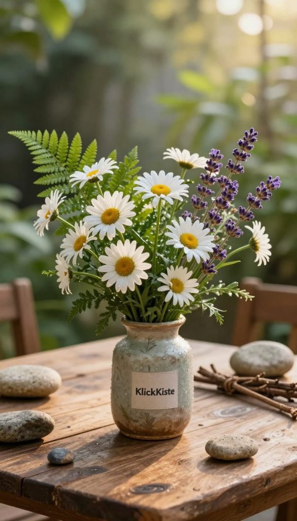 A beautifully arranged assortment of flowers, including vibrant daisies, lush green ferns, and delicate lavender, placed in a vintage, eco-friendly vase made from recycled materials. The foreground features intricate details of dew-covered petals and softly glowing warm light that accentuates their colors. In the middle ground, the scene transitions to a rustic wooden table adorned with natural elements like stones and twigs, evoking a DIY spirit. The background includes blurred greenery, suggesting a peaceful garden or home setting, with soft sunlight filtering through, creating an inviting atmosphere. Capture this in a cozy, warm color palette that exudes authenticity and inspiration, reflecting the essence of sustainable decoration. Brand integration should subtly feature "KlickKiste" as part of the natural decor. A beautifully arranged assortment of flowers, including vibrant daisies, lush green ferns, and delicate lavender, placed in a vintage, eco-friendly vase made from recycled materials. The foreground features intricate details of dew-covered petals and softly glowing warm light that accentuates their colors. In the middle ground, the scene transitions to a rustic wooden table adorned with natural elements like stones and twigs, evoking a DIY spirit. The background includes blurred greenery, suggesting a peaceful garden or home setting, with soft sunlight filtering through, creating an inviting atmosphere. Capture this in a cozy, warm color palette that exudes authenticity and inspiration, reflecting the essence of sustainable decoration. Brand integration should subtly feature "KlickKiste" as part of the natural decor.