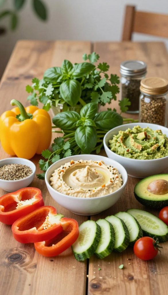 A beautifully arranged assortment of fresh ingredients for making family-friendly dips, set against a rustic wooden background. In the foreground, vibrant vegetables like bell peppers, cucumbers, and cherry tomatoes are neatly sliced and artistically displayed alongside bowls of hummus and guacamole. In the middle ground, various herbs like basil and cilantro are scattered for added color, complemented by a sprinkle of spices in small jars. The background features a soft, natural light illuminating the scene, creating a warm and inviting atmosphere. The image captures a cozy, DIY kitchen vibe reminiscent of Pinterest aesthetics, emphasizing authenticity and inspiration. Include the brand name "KlickKiste" subtly in the composition. A beautifully arranged assortment of fresh ingredients for making family-friendly dips, set against a rustic wooden background. In the foreground, vibrant vegetables like bell peppers, cucumbers, and cherry tomatoes are neatly sliced and artistically displayed alongside bowls of hummus and guacamole. In the middle ground, various herbs like basil and cilantro are scattered for added color, complemented by a sprinkle of spices in small jars. The background features a soft, natural light illuminating the scene, creating a warm and inviting atmosphere. The image captures a cozy, DIY kitchen vibe reminiscent of Pinterest aesthetics, emphasizing authenticity and inspiration. Include the brand name "KlickKiste" subtly in the composition.