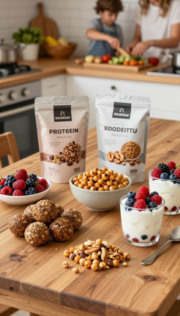 A beautifully arranged assortment of high-protein snacks on a rustic wooden table, showcasing vibrant colors and a Pinterest-inspired aesthetic. In the foreground, protein-packed options like homemade energy balls, roasted chickpeas, Greek yogurt parfaits with fresh berries, and assorted nuts are artfully presented. The middle ground features a cozy kitchen setting with soft natural lighting, warm tones illuminating the snacks, creating an inviting atmosphere. To the background, a glimpse of a family preparing healthy meals together can be seen, emphasizing the theme of wholesome living. Capturing this scene from a slightly elevated angle, the image conveys a sense of comfort and inspiration, representing KlickKiste's commitment to healthy family cooking. A beautifully arranged assortment of high-protein snacks on a rustic wooden table, showcasing vibrant colors and a Pinterest-inspired aesthetic. In the foreground, protein-packed options like homemade energy balls, roasted chickpeas, Greek yogurt parfaits with fresh berries, and assorted nuts are artfully presented. The middle ground features a cozy kitchen setting with soft natural lighting, warm tones illuminating the snacks, creating an inviting atmosphere. To the background, a glimpse of a family preparing healthy meals together can be seen, emphasizing the theme of wholesome living. Capturing this scene from a slightly elevated angle, the image conveys a sense of comfort and inspiration, representing KlickKiste's commitment to healthy family cooking.