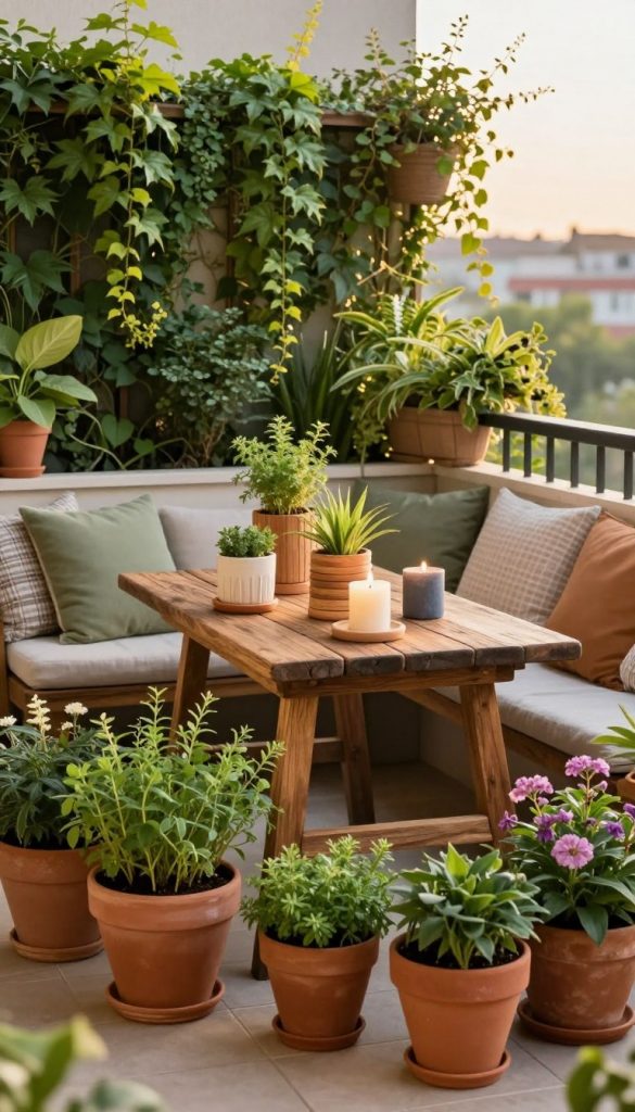 A beautifully arranged balcony setting featuring a variety of vibrant plants and sustainable DIY decor elements. In the foreground, showcase an assortment of potted herbs and flowering plants in stylish terracotta pots. The middle layer includes a rustic wooden table adorned with handmade plant holders and eco-friendly candles, surrounded by cozy, inviting seating with soft cushions. In the background, display a lush green wall or trellis with climbing vines, creating a serene and natural atmosphere. The lighting is warm and inviting, suggesting a golden hour glow, enhancing the earthy color palette. Capture the essence of a creative outdoor space that feels timeless and inviting, perfect for relaxing or entertaining. The scene reflects the aesthetic of "KlickKiste," embodying natural, inspiring DIY imagery with a Pinterest-like charm.