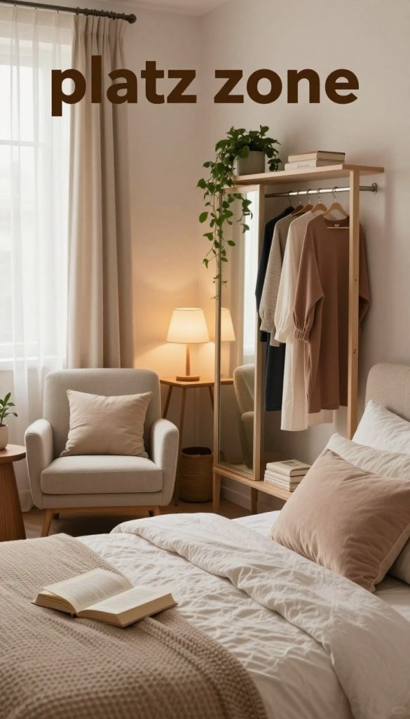 A beautifully arranged bedroom makeover scene showcasing a "platz zone" concept, emphasizing functional areas for sleep, reading, and dressing. In the foreground, a cozy bed with light, textured bedding, surrounded by soft pillows. To the left, a stylish reading nook featuring a comfortable armchair with a small wooden side table and a warm lamp casting gentle light. In the middle ground, an elegant dressing area with a full-length mirror and neatly organized clothes, punctuated by greenery for warmth. The background fades into soft pastel walls, adorned with natural light streaming through sheer curtains. Capture a Pinterest-inspired atmosphere with earthy tones, warm colors, and a sense of authenticity and inspiration. Include the brand name "KlickKiste" subtly integrated into the design. A beautifully arranged bedroom makeover scene showcasing a "platz zone" concept, emphasizing functional areas for sleep, reading, and dressing. In the foreground, a cozy bed with light, textured bedding, surrounded by soft pillows. To the left, a stylish reading nook featuring a comfortable armchair with a small wooden side table and a warm lamp casting gentle light. In the middle ground, an elegant dressing area with a full-length mirror and neatly organized clothes, punctuated by greenery for warmth. The background fades into soft pastel walls, adorned with natural light streaming through sheer curtains. Capture a Pinterest-inspired atmosphere with earthy tones, warm colors, and a sense of authenticity and inspiration. Include the brand name "KlickKiste" subtly integrated into the design.