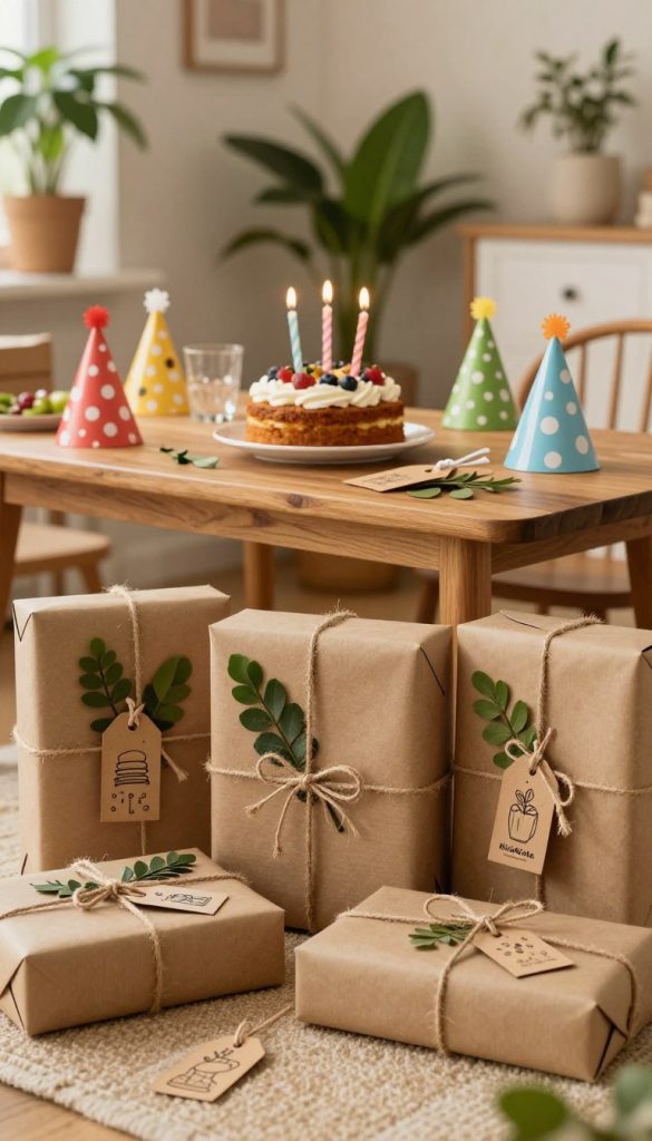 A beautifully arranged birthday gift scene, emphasizing sustainable and thoughtful packaging designed by "KlickKiste." In the foreground, showcase a variety of eco-friendly gift wraps: recycled paper adorned with natural twine, decorative foliage, and handmade tags featuring simple illustrations. In the middle, feature a charming wooden table adorned with a small cake made from organic ingredients, surrounded by colorful, reusable party decorations. The background includes a softly-lit, cozy room with green plants and warm ambient lighting that creates a welcoming atmosphere. The warm color palette is inviting, instilling a sense of nostalgia and inspiration, perfect for a memorable celebration. The overall mood is joyful and heartwarming, capturing the essence of celebrating birthdays thoughtfully and sustainably.