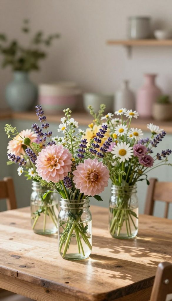 A beautifully arranged bouquet of vibrant wildflowers and soft pastel blooms, nestled in vintage mason jars on a rustic wooden table. The foreground showcases the jars filled with dahlias, lavender, and daisies, with delicate greenery peeking out. In the middle ground, a gentle light bathes the scene, casting warm, inviting shadows that enhance the retro aesthetic. The background features a soft-focus array of pastel-colored home decor items, evoking a cozy, nostalgic atmosphere. The image is styled to reflect a Pinterest-worthy DIY inspiration, with natural textures and an authentically warm color palette. Overhead lighting adds a glow that highlights the intricate details of the flowers and jars. Designed for "KlickKiste," the scene embodies simplicity and beauty, perfect for home decor enthusiasts. A beautifully arranged bouquet of vibrant wildflowers and soft pastel blooms, nestled in vintage mason jars on a rustic wooden table. The foreground showcases the jars filled with dahlias, lavender, and daisies, with delicate greenery peeking out. In the middle ground, a gentle light bathes the scene, casting warm, inviting shadows that enhance the retro aesthetic. The background features a soft-focus array of pastel-colored home decor items, evoking a cozy, nostalgic atmosphere. The image is styled to reflect a Pinterest-worthy DIY inspiration, with natural textures and an authentically warm color palette. Overhead lighting adds a glow that highlights the intricate details of the flowers and jars. Designed for "KlickKiste," the scene embodies simplicity and beauty, perfect for home decor enthusiasts.