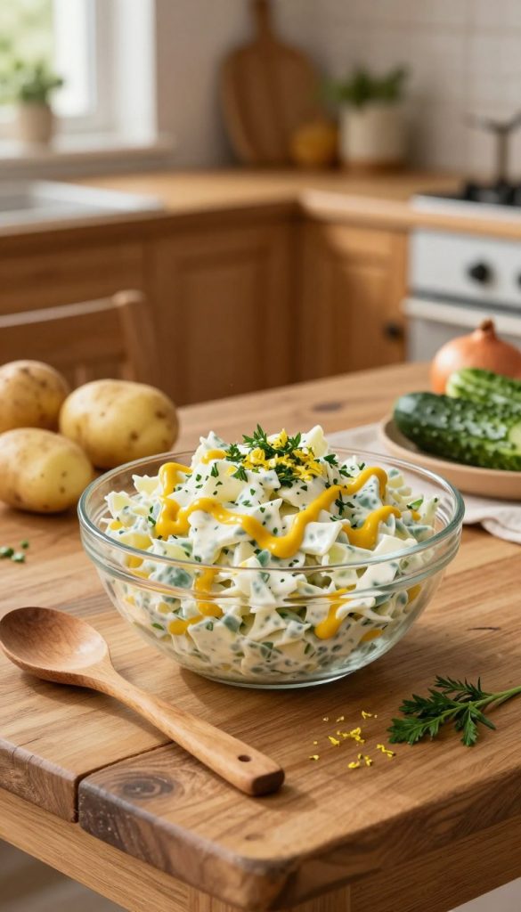 A beautifully arranged bowl of Kartoffelsalat drizzled with a creamy dressing, showcasing vibrant yellow mustard, fresh herbs, and a hint of lemon zest. In the foreground, a rustic wooden table holds a wooden spoon and fresh ingredients like potatoes, cucumbers, and onions. The middle ground features the Kartoffelsalat in a clear glass bowl, glistening under soft, natural lighting that enhances the colors and textures of the dish. In the background, a cozy kitchen with warm wooden cabinets, hints of homey decor, and subtle greenery visible through a window, creating an inviting atmosphere. Ideal for a family gathering, evoking warmth and togetherness. Capture the essence of culinary creativity with a Pinterest-inspired aesthetic. Brand: KlickKiste.