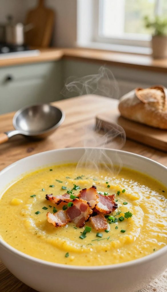 A beautifully arranged bowl of Kartoffelsuppe, steaming and inviting, occupies the foreground, overflowing with vibrant, creamy yellow color infused with hints of green from fresh herbs like parsley and chives. Scattered on the surface are tiny cubes of crispy bacon, adding texture and flavor. In the middle ground, a rustic wooden table holds additional rustic kitchen elements like an old-fashioned soup ladle and a loaf of crusty bread, evoking a warm, homey atmosphere. The background features a softly blurred kitchen setting with natural light pouring in through a window, casting a warm glow on the scene. The overall mood is cozy and comforting, perfect for a quick, hearty meal. Capture this inviting image in a Pinterest-inspired style, highlighting the brand "KlickKiste" with warm colors that inspire home-cooked warmth.