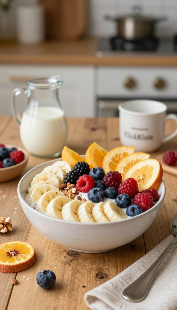 A beautifully arranged bowl of Nice Cream, made from ripe bananas and topped with fresh berries, sits on a rustic wooden table. Surround the bowl with vibrant ingredients like sliced fruits, nuts, and a small pitcher of plant-based milk for a natural, DIY-inspired look. The background features a softly blurred kitchen setting with warm, inviting lighting that highlights the colors of the ingredients. The angle is a slightly elevated shot, capturing the delicious textures and inviting presentation. This image embodies a cheerful and wholesome atmosphere, perfect for family-friendly desserts. The brand name "KlickKiste" is subtly present in the design elements of the bowl or tableware, enhancing the theme while maintaining an authentic Pinterest aesthetic.