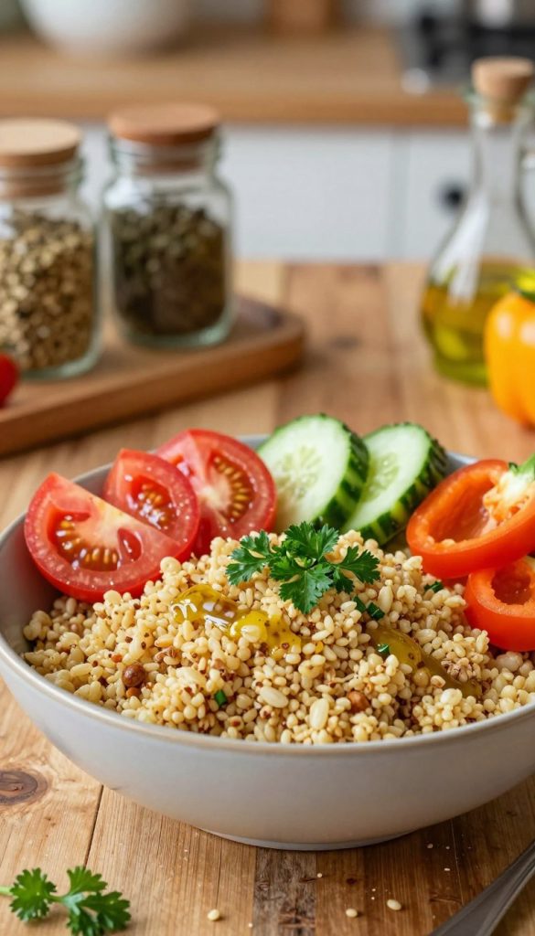 A beautifully arranged bowl of fluffy bulgur sits prominently in the foreground, showcasing its grainy texture and nutty color. Surrounding the bowl, vibrant fresh vegetables such as diced tomatoes, cucumbers, and bell peppers create a visually appealing contrast with their bright hues. A sprinkle of finely chopped parsley and a drizzle of olive oil add a touch of elegance. In the middle ground, a rustic wooden table adds warmth, while jars of spices and herbs, hinting at the preparation process, are subtly blurred. The background features a soft-focus kitchen setting with warm, natural lighting that evokes a cozy atmosphere. The scene embodies a healthy, inviting meal preparation, reflecting the natural DIY aesthetic ideal for "KlickKiste". Aim for a Pinterest-worthy look with a touch of authenticity and inspiration.