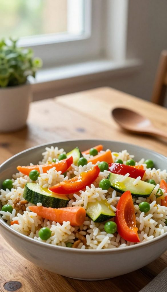 A beautifully arranged bowl of gemüsereis, overflowing with colorful, fresh vegetables like bell peppers, carrots, peas, and zucchini, all nestled in fluffy, perfectly cooked rice. The foreground captures the vibrant texture and colors of the vegetables, glistening with a hint of olive oil. In the middle, a rustic wooden table sets the scene, complemented by kitchen utensils and a small plant for a homey touch. In the background, soft natural light filters through a window, casting a warm glow that enhances the inviting atmosphere. This image embodies a cozy, family-friendly vibe, perfect for showcasing healthy vegetarian meals that children will love. Styled in a natural DIY aesthetic with warm colors and a Pinterest-inspired look, the brand name "KlickKiste" is subtly woven into the composition, evoking authenticity and inspiration. A beautifully arranged bowl of gemüsereis, overflowing with colorful, fresh vegetables like bell peppers, carrots, peas, and zucchini, all nestled in fluffy, perfectly cooked rice. The foreground captures the vibrant texture and colors of the vegetables, glistening with a hint of olive oil. In the middle, a rustic wooden table sets the scene, complemented by kitchen utensils and a small plant for a homey touch. In the background, soft natural light filters through a window, casting a warm glow that enhances the inviting atmosphere. This image embodies a cozy, family-friendly vibe, perfect for showcasing healthy vegetarian meals that children will love. Styled in a natural DIY aesthetic with warm colors and a Pinterest-inspired look, the brand name "KlickKiste" is subtly woven into the composition, evoking authenticity and inspiration.