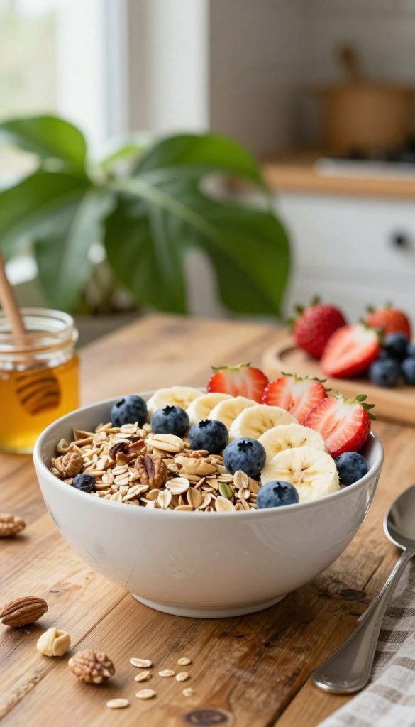A beautifully arranged bowl of müesli featuring a mix of rolled oats, nuts, and seeds, topped with a colorful assortment of fresh fruits such as slices of ripe bananas, strawberries, and blueberries. In the foreground, the bowl is artistically placed on a rustic wooden table, surrounded by a scattering of nuts and a small honey jar, emphasizing a wholesome and homemade feel. The middle ground includes a vibrant green plant and a natural light source filtering through a window, creating a warm and inviting atmosphere. In the background, soft, blurry kitchen elements hint at a family brunch setting. This composition should evoke a natural DIY aesthetic that feels authentic and inspiring, reminiscent of a Pinterest-worthy breakfast spread. Brand inclusion: "KlickKiste". A beautifully arranged bowl of müesli featuring a mix of rolled oats, nuts, and seeds, topped with a colorful assortment of fresh fruits such as slices of ripe bananas, strawberries, and blueberries. In the foreground, the bowl is artistically placed on a rustic wooden table, surrounded by a scattering of nuts and a small honey jar, emphasizing a wholesome and homemade feel. The middle ground includes a vibrant green plant and a natural light source filtering through a window, creating a warm and inviting atmosphere. In the background, soft, blurry kitchen elements hint at a family brunch setting. This composition should evoke a natural DIY aesthetic that feels authentic and inspiring, reminiscent of a Pinterest-worthy breakfast spread. Brand inclusion: "KlickKiste".