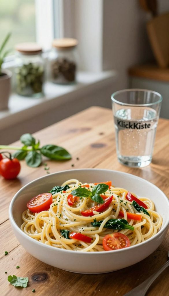 A beautifully arranged bowl of one pot pasta sits at the forefront, showcasing vibrant colors with fresh vegetables like cherry tomatoes, spinach, and bell peppers mingling with al dente spaghetti. The pasta is lightly coated in a creamy sauce, glistening under soft, natural light coming from a nearby window, creating a warm and inviting atmosphere. In the middle ground, a rustic wooden table adds a touch of homey authenticity, embellished with a few scattered fresh herbs and a glass of sparkling water. The background features blurred kitchen elements, like herbs and spices arranged in quaint jars, enhancing the DIY Pinterest aesthetic. The overall mood is cozy and inspiring, perfect for family meal inspiration. The image reflects the brand "KlickKiste" with its emphasis on warmth and practicality, capturing the essence of healthy family cooking.