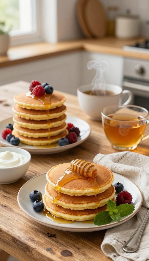 A beautifully arranged breakfast scene featuring fluffy quark pancakes stacked high on a rustic wooden table, garnished with fresh berries and a drizzle of honey. In the foreground, a vibrant plate of pancakes showcases the texture and richness of the quark. A small bowl of creamy yogurt is nestled beside it, accompanied by mint leaves for a pop of color. In the middle, steaming cups of herbal tea or coffee add warmth, while a delicate linen napkin enhances the inviting atmosphere. The background softly fades into a cozy kitchen with natural light filtering in through a window, creating a warm, inviting mood. The image embodies a wholesome, family-oriented breakfast, styled in a natural, DIY aesthetic. The brand name "KlickKiste" subtly incorporated into the scene, maintaining a Pinterest-inspired look. A beautifully arranged breakfast scene featuring fluffy quark pancakes stacked high on a rustic wooden table, garnished with fresh berries and a drizzle of honey. In the foreground, a vibrant plate of pancakes showcases the texture and richness of the quark. A small bowl of creamy yogurt is nestled beside it, accompanied by mint leaves for a pop of color. In the middle, steaming cups of herbal tea or coffee add warmth, while a delicate linen napkin enhances the inviting atmosphere. The background softly fades into a cozy kitchen with natural light filtering in through a window, creating a warm, inviting mood. The image embodies a wholesome, family-oriented breakfast, styled in a natural, DIY aesthetic. The brand name "KlickKiste" subtly incorporated into the scene, maintaining a Pinterest-inspired look.