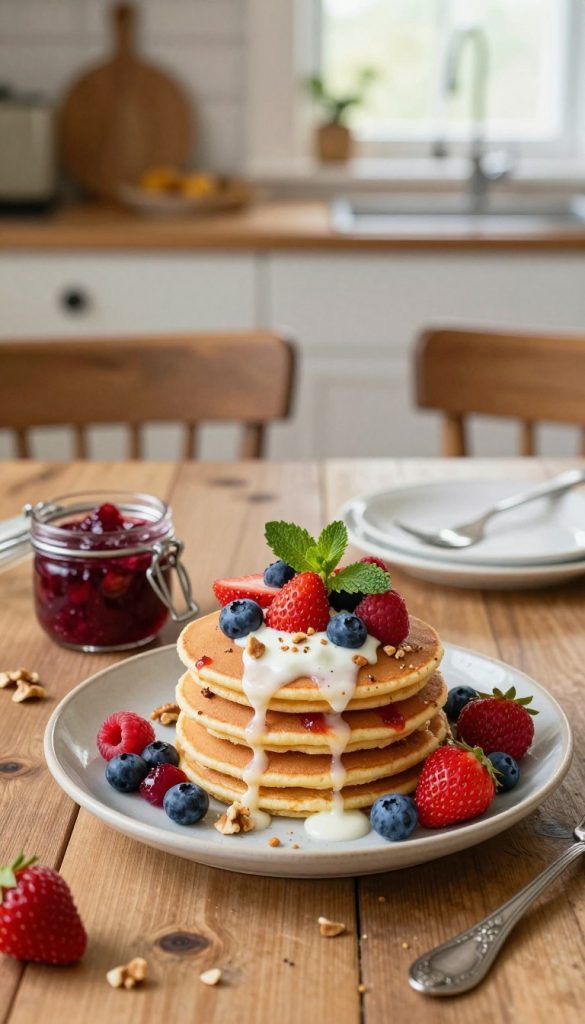 A beautifully arranged breakfast scene featuring protein pancakes topped with a variety of colorful, healthy toppings. In the foreground, place fluffy pancakes stacked high, adorned with fresh berries like strawberries, blueberries, and raspberries, along with a sprinkle of chopped nuts and a drizzle of yogurt. Incorporate a small jar of homemade fruit compote and a few mint leaves for garnish. In the middle, include a rustic wooden table setting with delicate ceramic plates and vintage cutlery, capturing a warm, inviting atmosphere. The background should gently blur the outlines of a cozy kitchen with soft, natural light streaming in through a window, enhancing the warm color palette. Aim for a Pinterest-inspired aesthetic that feels authentic and inspiring, reflecting the brand "KlickKiste".