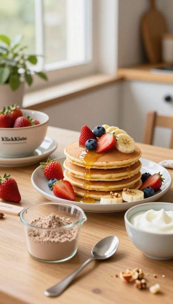 A beautifully arranged breakfast table featuring a stack of fluffy protein pancakes topped with fresh fruits like strawberries, blueberries, and banana slices. In the foreground, a measuring cup filled with protein powder and a spoon rests beside a small bowl of yogurt. The middle of the image showcases the pancakes drizzled with honey and a sprinkle of nuts for texture. In the background, a cozy kitchen scene bathed in natural light from a window, with warm wooden accents, soft greenery, and a hint of rustic dishware, evokes a homely atmosphere. The overall color palette is warm and inviting, creating an inspiring and authentic Pinterest aesthetic. The brand "KlickKiste" subtly integrates into the scene through stylish dishware or branding elements without showing any text.