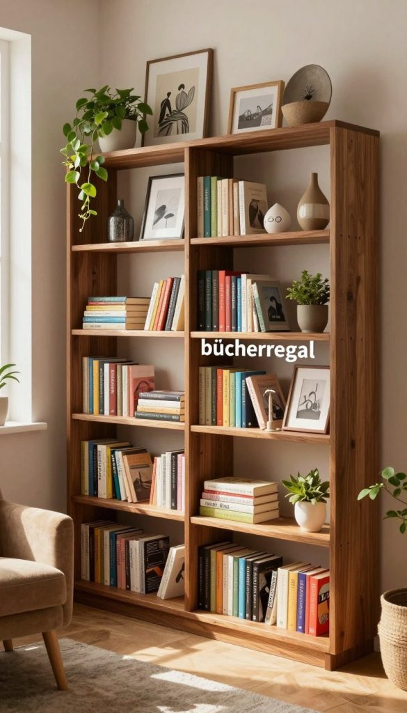 A beautifully arranged "bücherregal" from KlickKiste, showcasing a variety of books and decorative items. The foreground features an elegant, wooden bookshelf with different shelf heights, filled with colorful, well-organized books alongside stylish decor such as plants, framed photos, and unique artifacts. In the middle ground, a cozy reading nook with a plush armchair and a small side table complements the bookshelf, bathed in warm, inviting sunlight streaming through a nearby window. The background includes soft, neutral-toned walls adorned with subtle art pieces to create an inspiring atmosphere. The scene is vibrant and inviting, with natural lighting that emphasizes the warmth of the wood and the richness of the book covers. The overall mood is one of relaxation and creativity, perfect for a modern DIY aesthetic.