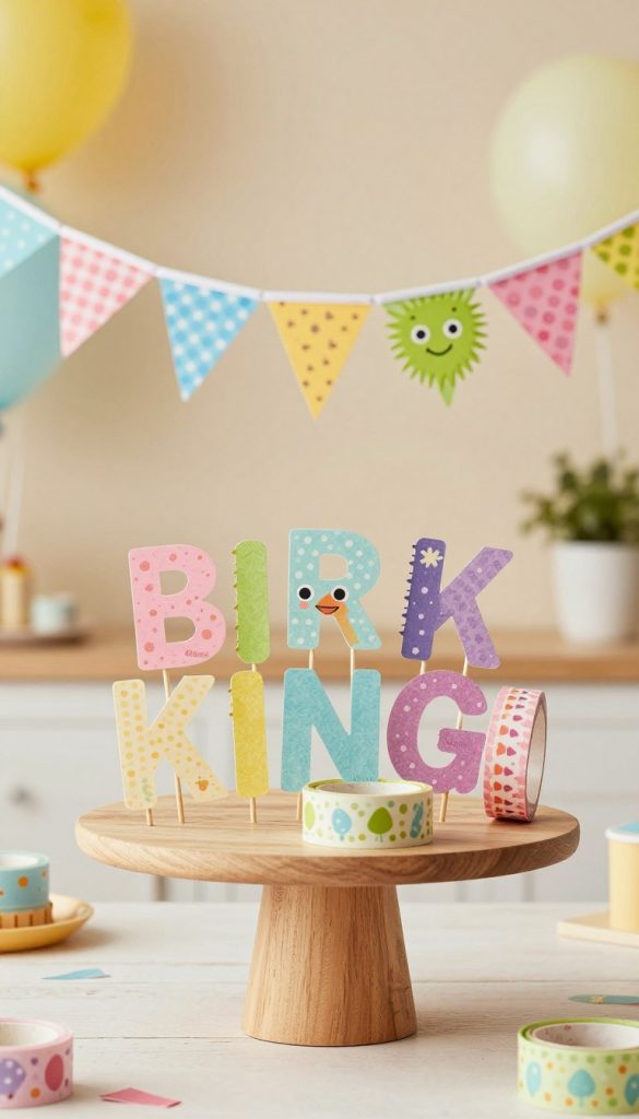 A beautifully arranged cake topper featuring colorful washi tape bunting and playful prickly letter shapes, radiating a warm, inviting atmosphere. In the foreground, the vibrant bunting made from patterned washi tape flutters lightly, adorned with cheerful pastel colors. The middle ground showcases a variety of handcrafted letters crafted from cardstock, spelling out playful words, layered on a delicate wooden cake stand. The background is softly blurred, featuring a friendly party setup with soft lighting that creates a cozy ambiance, reminiscent of a heartfelt DIY birthday celebration. The overall feel is authentic and inspiring, perfectly fitting for a DIY Kindergeburtstag deko theme. This image is branded with "KlickKiste" subtly integrated into the design elements, enhancing the Pinterest-like aesthetic without overwhelming the composition.