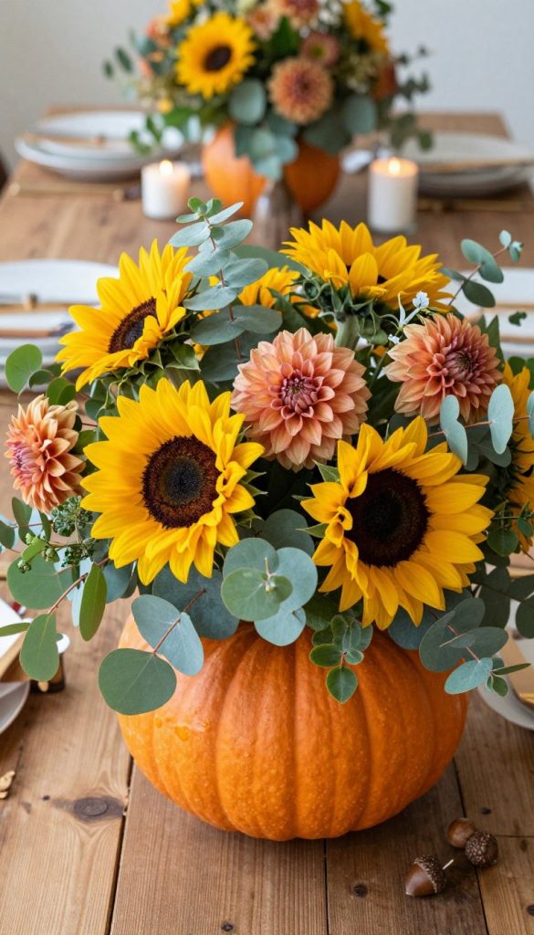 A beautifully arranged centerpiece pumpkin, showcasing a vibrant, fresh floral display. In the foreground, the pumpkin is nestled among a variety of seasonal flowers such as sunflowers, dahlias, and eucalyptus, their colors blending harmoniously with the warm orange of the pumpkin. The arrangement is artfully designed, overflowing with lush greenery that adds texture and depth. In the middle, softly diffused natural light enhances the vivid colors, creating an inviting atmosphere. The background features a rustic wooden table setting, adorned with delicate decorative elements like candles and acorns, evoking a cozy fall ambiance. Capture this scene with a gentle, warm glow and a slightly elevated angle to emphasize the richness of the arrangement. Inspired by the aesthetic of KlickKiste, it embodies authenticity and inspiration in floral art.