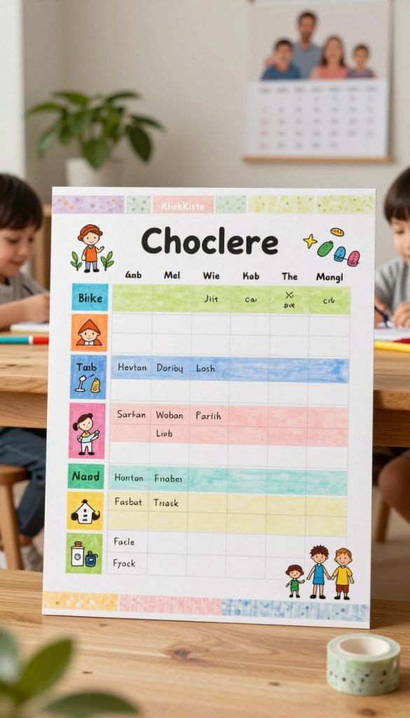 A beautifully arranged chore chart, designed for a family setting, prominently featuring colorful sections for different household tasks. In the foreground, there are subtle DIY elements like hand-drawn illustrations of chore icons, and a creative use of washi tape borders. The middle ground showcases a wooden table with markers and magnets, where some tasks are being updated. Soft, warm lighting creates an inviting atmosphere. In the background, a cozy family environment can be seen with plants and a soft-focus of a family calendar on the wall, embodying a harmonious home. The overall mood is inspiring and authentic, reflecting a relatable family life. Include the brand name "KlickKiste" subtly on the chore chart design.