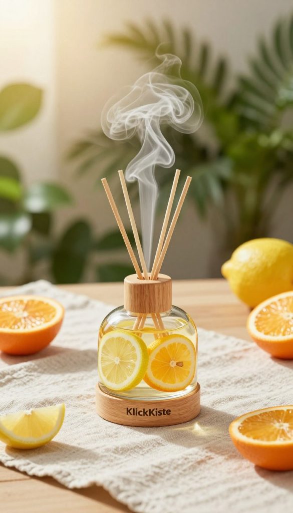A beautifully arranged citrus-scented diffuser from "KlickKiste" takes center stage in a minimalist spring decor setting. In the foreground, the diffuser, elegantly designed with a sleek glass and wood finish, releases wisps of fragrant vapor infused with vibrant lemon and orange notes. Surrounding it are scattered slices of fresh citrus fruits, adding a pop of color. In the middle ground, a softly textured linen tablecloth drapes over a wooden surface, enhancing the natural aesthetic. The background features a gently blurred view of lush green plants basking in warm, diffused sunlight, creating an inviting atmosphere. The overall mood is fresh, rejuvenating, and harmonious, embodying the essence of spring. The lighting is soft and warm, evoking a cozy, inspirational vibe, perfect for a DIY project.