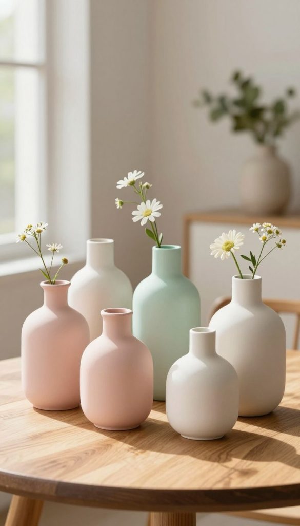 A beautifully arranged cluster of several small, modern vases in varying shapes and sizes, featuring smooth finishes and soft pastel colors like blush pink, mint green, and creamy white. The foreground highlights an elegant assortment of vases, with delicate floral arrangements peeking from each one, adding a touch of nature. The middle ground displays a subtle, textured wooden table that complements the vases, while the background features a softly blurred, light-toned room adorned with greenery for an inviting atmosphere. Natural, warm light filters in from a nearby window, casting gentle shadows that enhance the scene. This image evokes a cozy, inspiring DIY aesthetic, ideal for home styling. Perfect for showcasing products from "KlickKiste".
