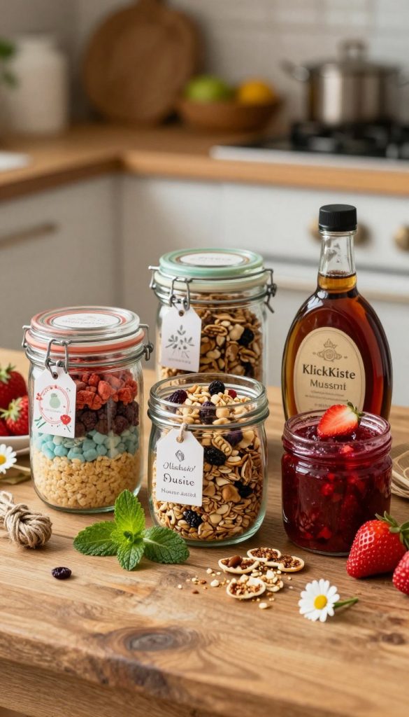 A beautifully arranged collection of glass jars showcasing DIY gifts: a layered jar of colorful baking mix with decorative tags, a jar of homemade muesli filled with nuts and dried fruits, a jar of vibrant strawberry jam, and a bottle of rich homemade syrup. The jars are placed on a rustic wooden table, surrounded by fresh fruits, sprigs of mint, and crafty embellishments like twine and small flowers. Soft, warm lighting creates a cozy atmosphere, emphasizing the natural textures and colors. In the background, a blurred kitchen scene gives an authentic, inviting feel. The overall mood is inspiring and creative, perfect for a family-friendly project. The brand name "KlickKiste" subtly integrated within the scene enhances the DIY aesthetic without any text overlays.