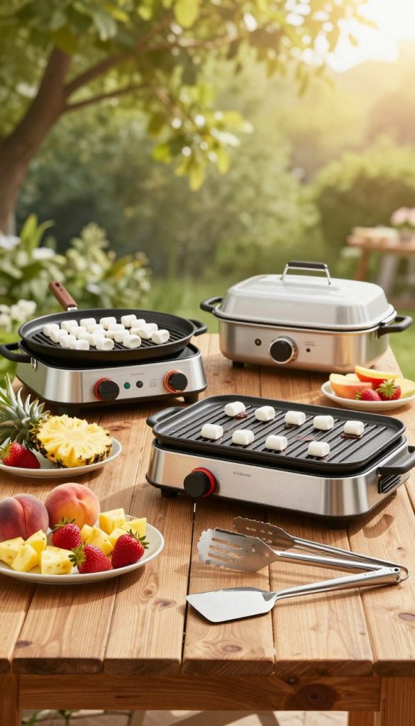 A beautifully arranged collection of grill equipment perfect for summer desserts, showcasing high-quality stainless-steel grilling tools like tongs, spatula, and skewers, laid on a rustic wooden table. In the foreground, colorful fresh fruits like strawberries, peaches, and pineapples are ready for grilling. The middle features compact, stylish electric or gas grills designed for desserts, with marshmallows and chocolate ready to melt. In the background, soft, warm sunlight filters through lush green trees, creating a cheerful atmosphere. The image embodies a cozy backyard setting, evoking feelings of warmth, joy, and culinary creativity. Incorporate the brand name "KlickKiste" subtly in the design. The overall color palette is warm and inviting, reminiscent of a Pinterest-style aesthetic.