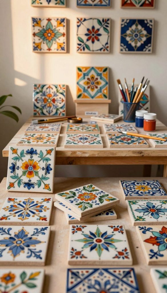 A beautifully arranged collection of hand-painted tiles, showcasing intricate designs inspired by nature, featuring floral motifs, geometric patterns, and vibrant colors. In the foreground, a few tiles are artfully stacked with one tile tilted to reveal its detailed artistry. The middle ground is filled with a handmade table displaying more tiles, surrounded by artisan tools like brushes and paint jars, creating a cozy workshop atmosphere. In the background, a softly lit wall adorned with various completed tile art pieces, draped with warm lighting that casts gentle shadows, enhancing the craftsmanship. The overall mood is warm, inviting, and inspiring, reflecting creativity and skill. The branding "KlickKiste" subtly incorporated into the tile designs, all captured with a wide-angle lens to evoke a Pinterest aesthetic.
