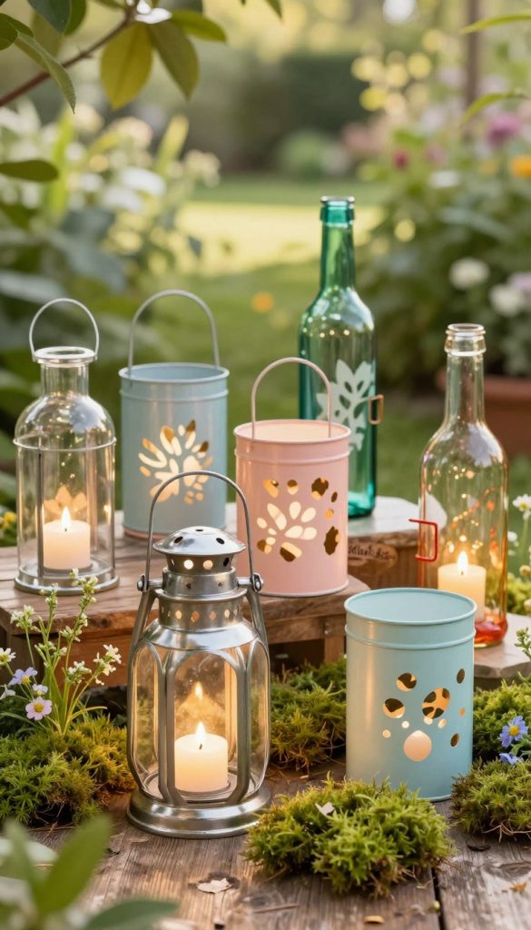 A beautifully arranged collection of handcrafted lanterns made from clear glass, metal tins, and colorful glass bottles, showcasing various DIY styles. The foreground features a delicately illuminated glass lantern with a flickering candle inside, surrounded by tufts of soft green moss and tiny wildflowers. In the middle, there are metal tins painted in pastel colors, each with unique cut-out patterns casting playful shadows. The background is a serene garden setting, with softly blurred out greenery and gentle sunlight filtering through leaves, creating a warm, inviting atmosphere. The entire scene has a Pinterest-inspired aesthetic, rich in natural textures and warm tones, emphasizing creativity and inspiration for DIY projects. The brand name "KlickKiste" is subtly integrated into the rustic table setting without any visible text.