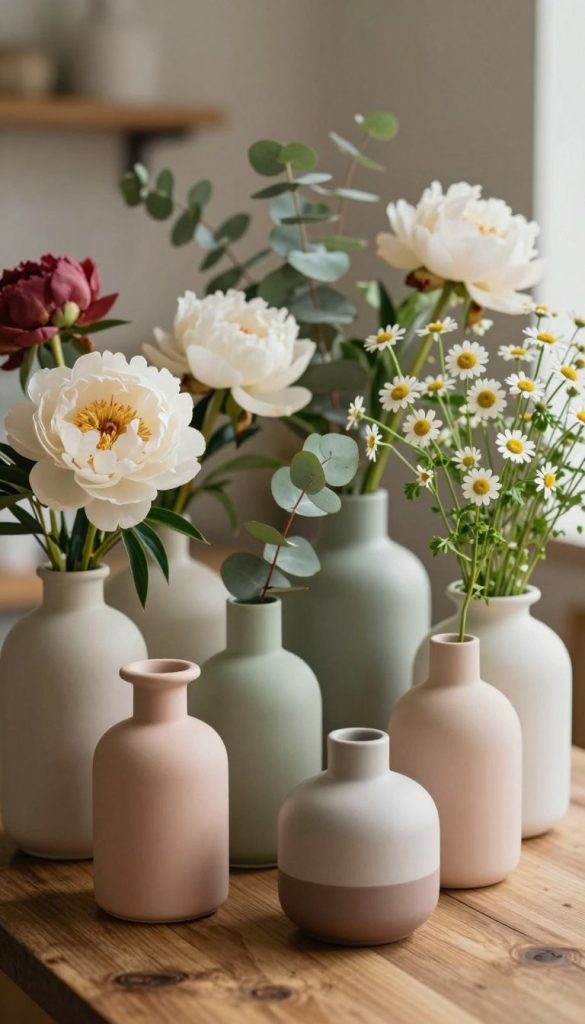 A beautifully arranged collection of modern vases, showcasing various unique shapes and styles, filling the foreground. Each vase should be artistically styled, with a distinct color palette featuring soft pastels and earthy tones, reflecting a Pinterest-inspired aesthetic. In the middle, mixed seasonal flowers such as peonies, eucalyptus, and daisies gracefully spill from the vases, emphasizing their forms. The background should be softly blurred, with warm, natural lighting creating a cozy and inviting atmosphere. A rustic, wooden tabletop serves as the base, enhancing the DIY theme. Capture this image using a shallow depth of field to focus on the vases and flowers, ensuring a warm, authentic, and inspiring mood, branded with "KlickKiste" subtly integrated into the composition.