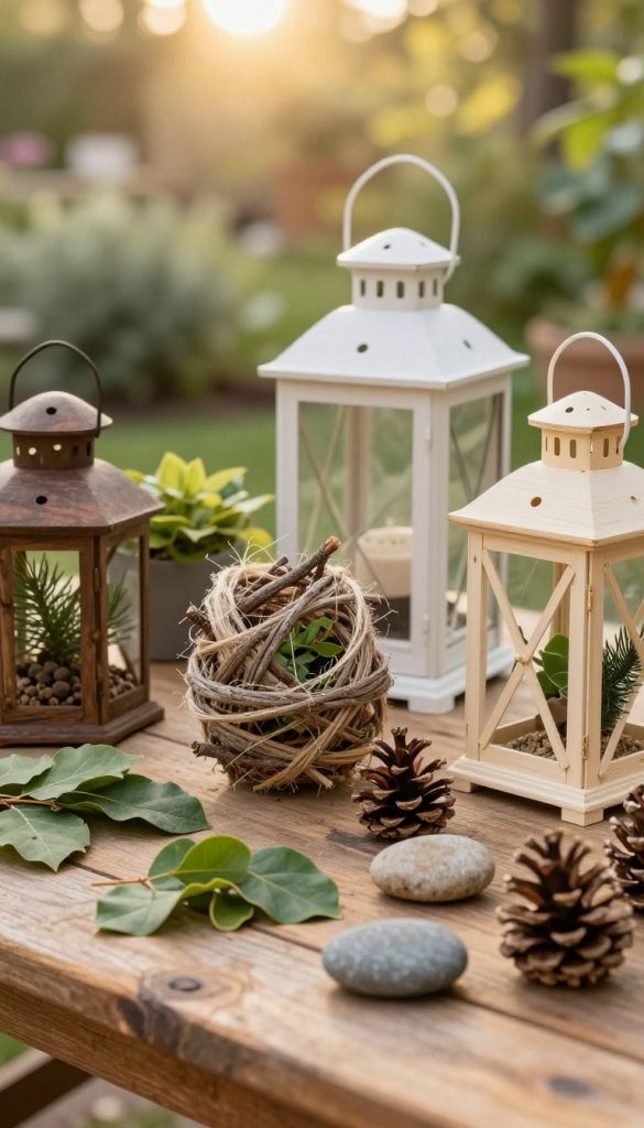 A beautifully arranged collection of natural materials for crafting garden lanterns, showcasing an array of twigs, leaves, pine cones, and stones on a rustic wooden surface. The foreground highlights intricate details of the materials, with soft, warm lighting creating a cozy, inviting atmosphere. In the middle, artfully intertwined natural fibers and an unfinished lantern frame draw the eye, suggesting a DIY project in progress. The background features a softly blurred garden scene bathed in golden sunlight, enhancing the organic and artisanal feel. The overall mood is warm and inspiring, reflecting the creativity of using nature's treasures to make enchanting outdoor decor. This image embodies the spirit of DIY projects, perfect for the brand "KlickKiste."
