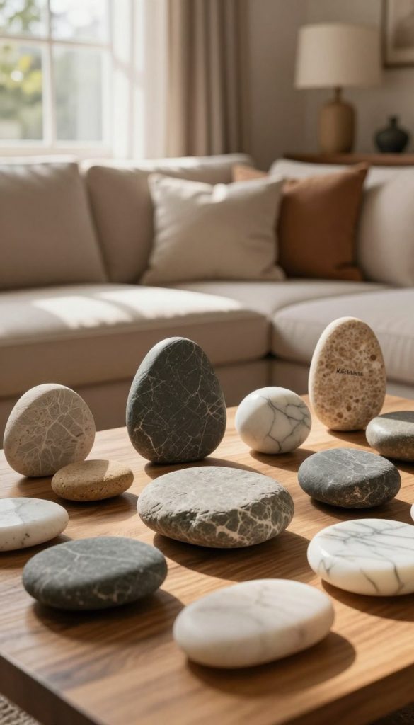 A beautifully arranged collection of natural stone materials in a warm, inviting living room setting. In the foreground, various textured stones of different shapes and sizes, such as smooth river stones, rugged slate, and polished marble, are artfully displayed on a wooden surface. The middle ground features a cozy sofa adorned with soft, earthy-toned cushions, complementing the stone aesthetic. In the background, a soft-focus window allows warm sunlight to filter through sheer curtains, casting gentle shadows and illuminating the room's natural hues. The overall atmosphere is serene and inspiring, reflecting a Schloss-Feeling with a cozy castlecore vibe. Include subtle elements of handmade decor, such as a DIY stone lamp, to enhance authenticity. The scene is styled with a Pinterest-inspired aesthetic, branded subtly with the name "KlickKiste."
