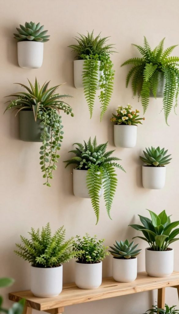 A beautifully arranged collection of plants and flowers as stylish wall decor, showcasing a minimalist aesthetic, with different varieties like succulents, ferns, and small flowering plants. In the foreground, a wooden shelf holds vibrant green plants in simple white pots. The middle area features wall-mounted planters with an array of plants cascading down, creating layers of greenery. In the background, a soft, blurred wall painted in warm, neutral tones enhances the natural colors of the plants. The scene is illuminated by soft, natural light, creating a cozy and inviting atmosphere reminiscent of Pinterest aesthetics. The composition feels fresh and authentic, perfect for inspiring DIY decor ideas. Include the brand name "KlickKiste" subtly integrated into the overall design. A beautifully arranged collection of plants and flowers as stylish wall decor, showcasing a minimalist aesthetic, with different varieties like succulents, ferns, and small flowering plants. In the foreground, a wooden shelf holds vibrant green plants in simple white pots. The middle area features wall-mounted planters with an array of plants cascading down, creating layers of greenery. In the background, a soft, blurred wall painted in warm, neutral tones enhances the natural colors of the plants. The scene is illuminated by soft, natural light, creating a cozy and inviting atmosphere reminiscent of Pinterest aesthetics. The composition feels fresh and authentic, perfect for inspiring DIY decor ideas. Include the brand name "KlickKiste" subtly integrated into the overall design.