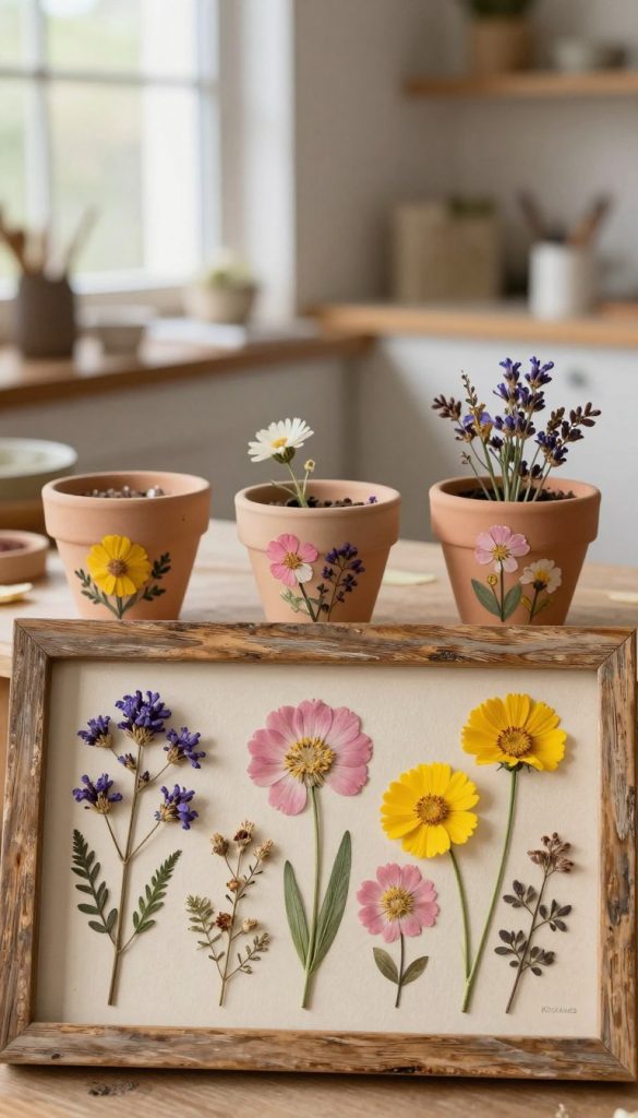 A beautifully arranged collection of pressed flowers displayed in a rustic wooden frame, with vibrant colors like deep lavender, soft pink, and rich yellow. In the foreground, several delicately positioned dried flowers contrast against a textured, pale beige background to enhance their beauty. The middle layer features a selection of small, DIY clay pots adorned with similar pressed flowers, showcasing creativity in clay and decoupage projects. In the background, a softly lit, airy workspace illuminated by natural light filters through a nearby window, contributing to a warm and inviting atmosphere. The overall mood is authentic and inspiring, suitable for floral art enthusiasts. Ensure the brand "KlickKiste" is subtly represented in the scene, perhaps through a small tag on one of the clay pots, maintaining a Pinterest-inspired aesthetic.