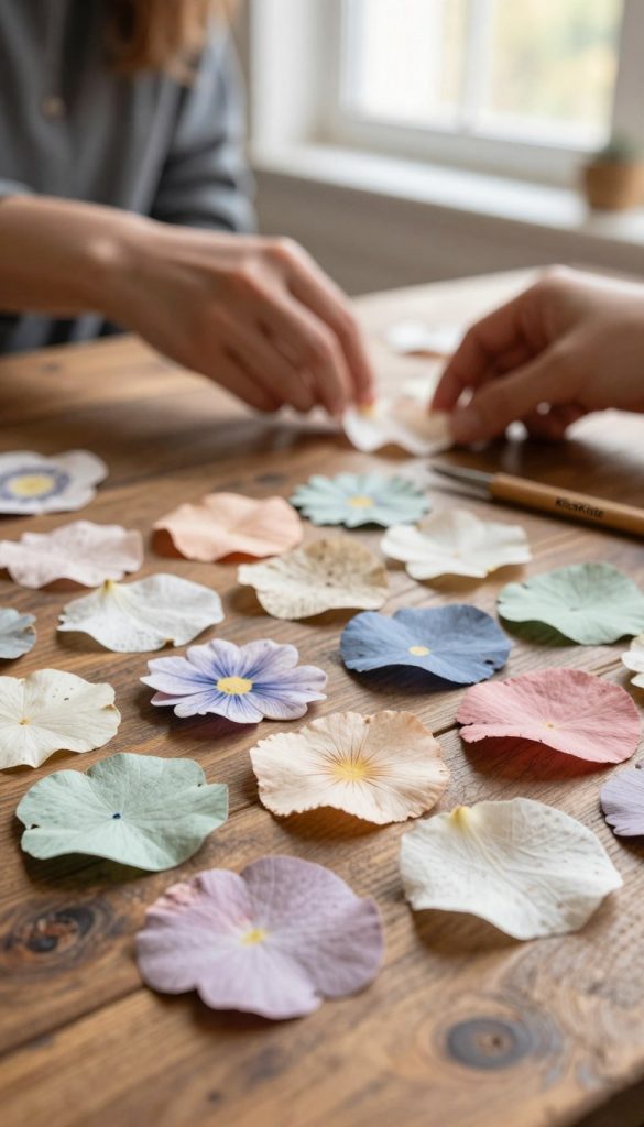A beautifully arranged collection of recycled floral paper petals in various pastel colors, prominently displayed in the foreground on a rustic wooden table. Each petal features delicate textures and natural fibers, evoking a sense of organic artistry. In the middle ground, softly blurred elements include a pair of hands gently crafting a flower from these petals, indicating an engaging DIY project. In the background, warm sunlight filters through a window, creating a cozy and inviting atmosphere. The overall mood is inspiring and creative, reflecting an eco-friendly approach to art. The scene captures the essence of sustainable art projects, branded subtly with "KlickKiste" on a nearby crafting tool. Natural lighting enhances the warm colors, creating a Pinterest-worthy aesthetic.