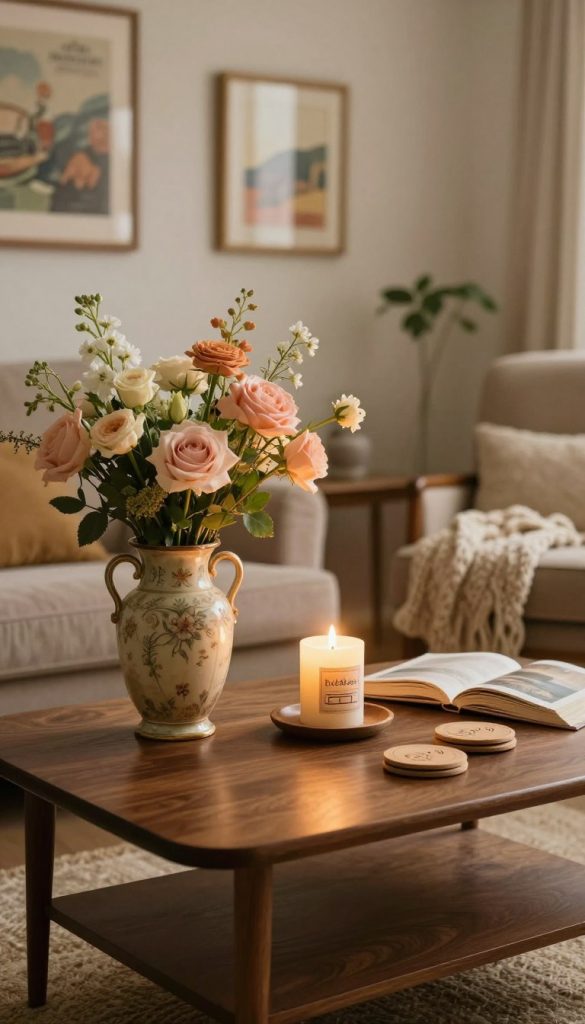 A beautifully arranged collection of retro romantic decor pieces in a cozy living room setting. In the foreground, feature an elegant vintage vase filled with fresh flowers, in soft pastel shades. In the middle, showcase a charming, mid-century coffee table adorned with a lovingly placed DIY candle centerpiece and rustic coasters, complemented by warm, inviting lighting that casts a soft glow. The background should have a subtly textured wall in muted tones, adorned with framed retro artworks and a cozy armchair draped with a knitted throw. The overall atmosphere is warm and inviting, evoking a nostalgic, romantic feel suitable for a home. The image should embody authenticity and inspiration, reflective of the brand KlickKiste. Aim for a soft focus, using natural light to enhance the romantic vibe.