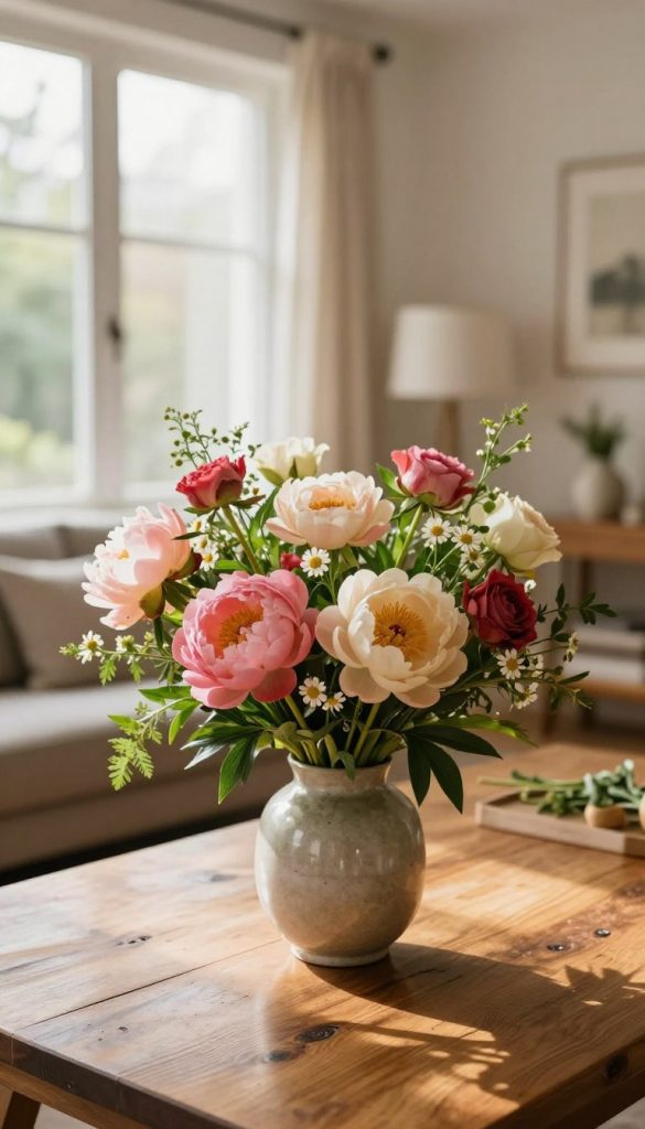 A beautifully arranged collection of seasonal flowers in a stylish vase, showcasing a mix of vibrant blooms such as peonies, roses, and daisies, with lush greenery surrounding them. In the foreground, the vase sits on a rustic wooden table, reflecting warm, inviting tones. The middle ground features a cozy living room with soft natural light streaming in through large windows, highlighting the floral arrangement. The background is elegantly decorated with a touch of minimalistic decor, enhancing the inviting atmosphere of the space. The overall mood is warm and harmonious, evoking a sense of inspiration for DIY floral arrangements. Capture this scene in a soft focus, using a warm color palette that aligns with the aesthetic of "KlickKiste".